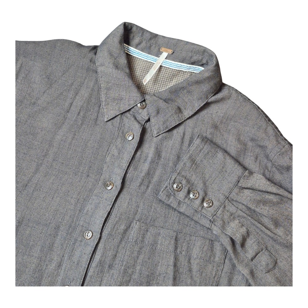 Free People Long Sleeve Dark Brown Button Up Shirt Linen Blend Women's XS